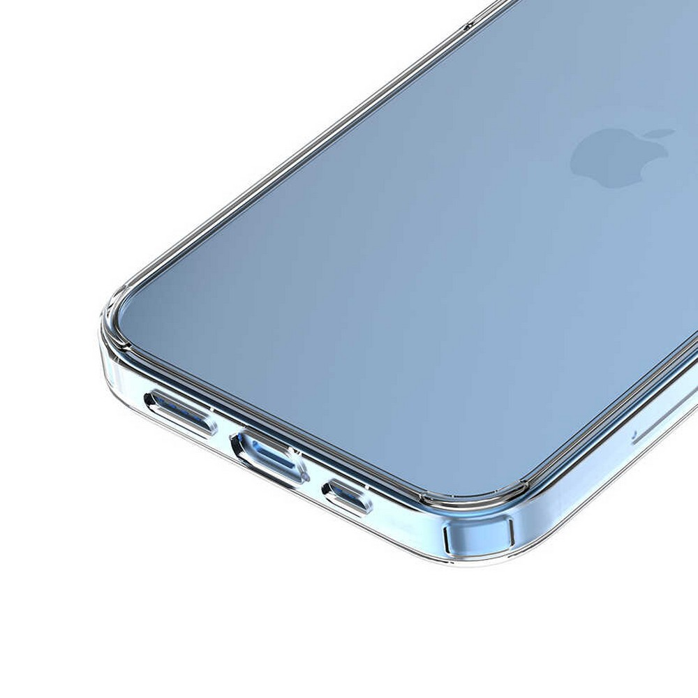 Şeffaf bir kılıf içindeki bir telefonun yakın çekimi. Telefon, Apple logosunun görülebildiği açık mavidir. Kılıfın metalik bir kenarı vardır.