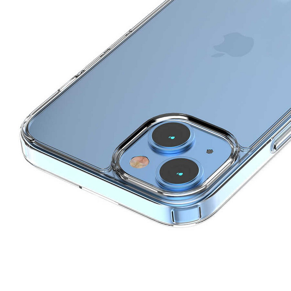 Mavi bir telefonun üzerindeki şeffaf telefon kılıfının yakın çekimi. Kamera lensleri görünür. Apple logosu görülebilir.