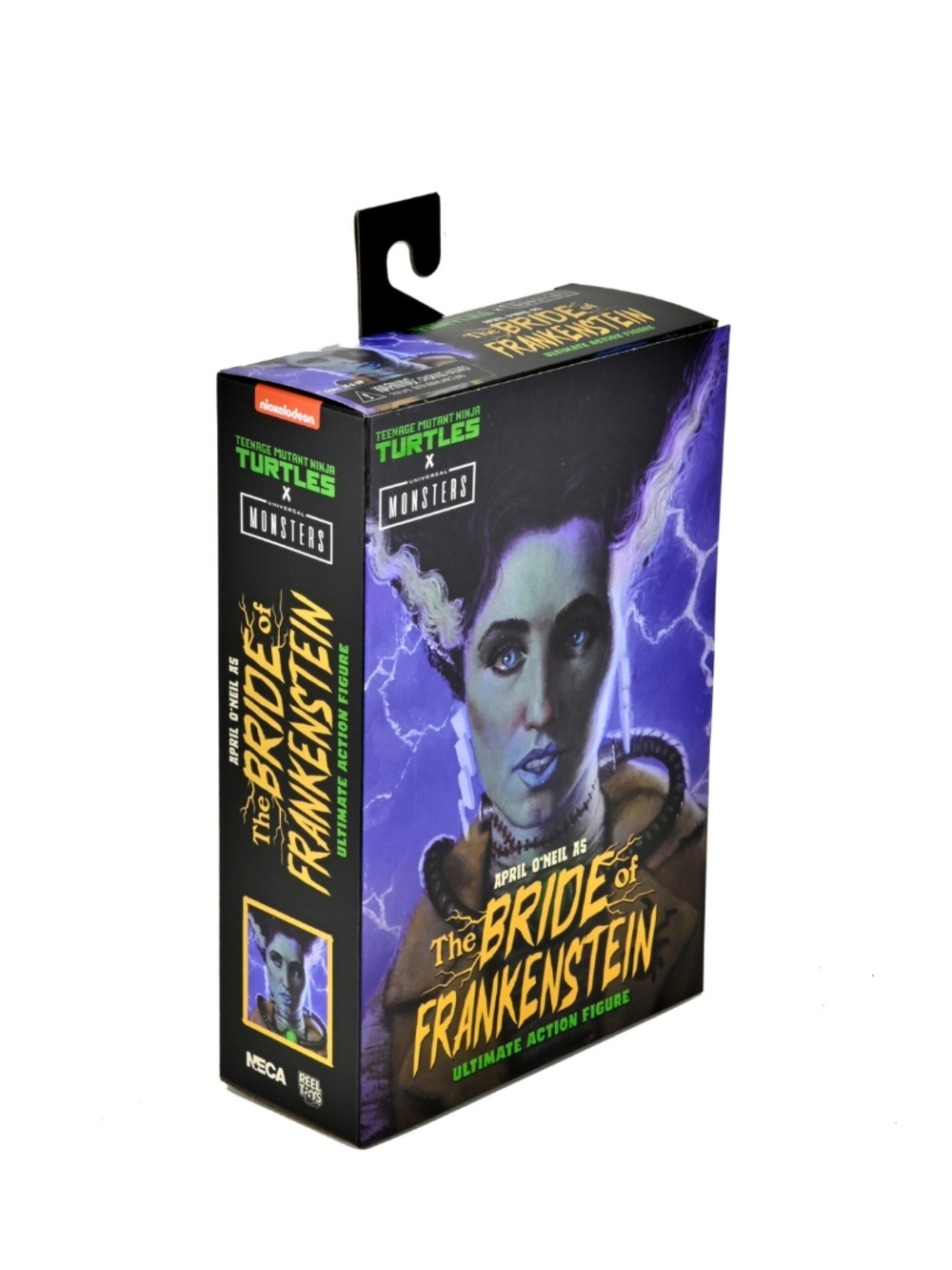 Frankenstein'ın Gelini Teenage Mutant Ninja Turtles aksiyon figürünün kutu sanatı. Bir portre ve marka içerir.