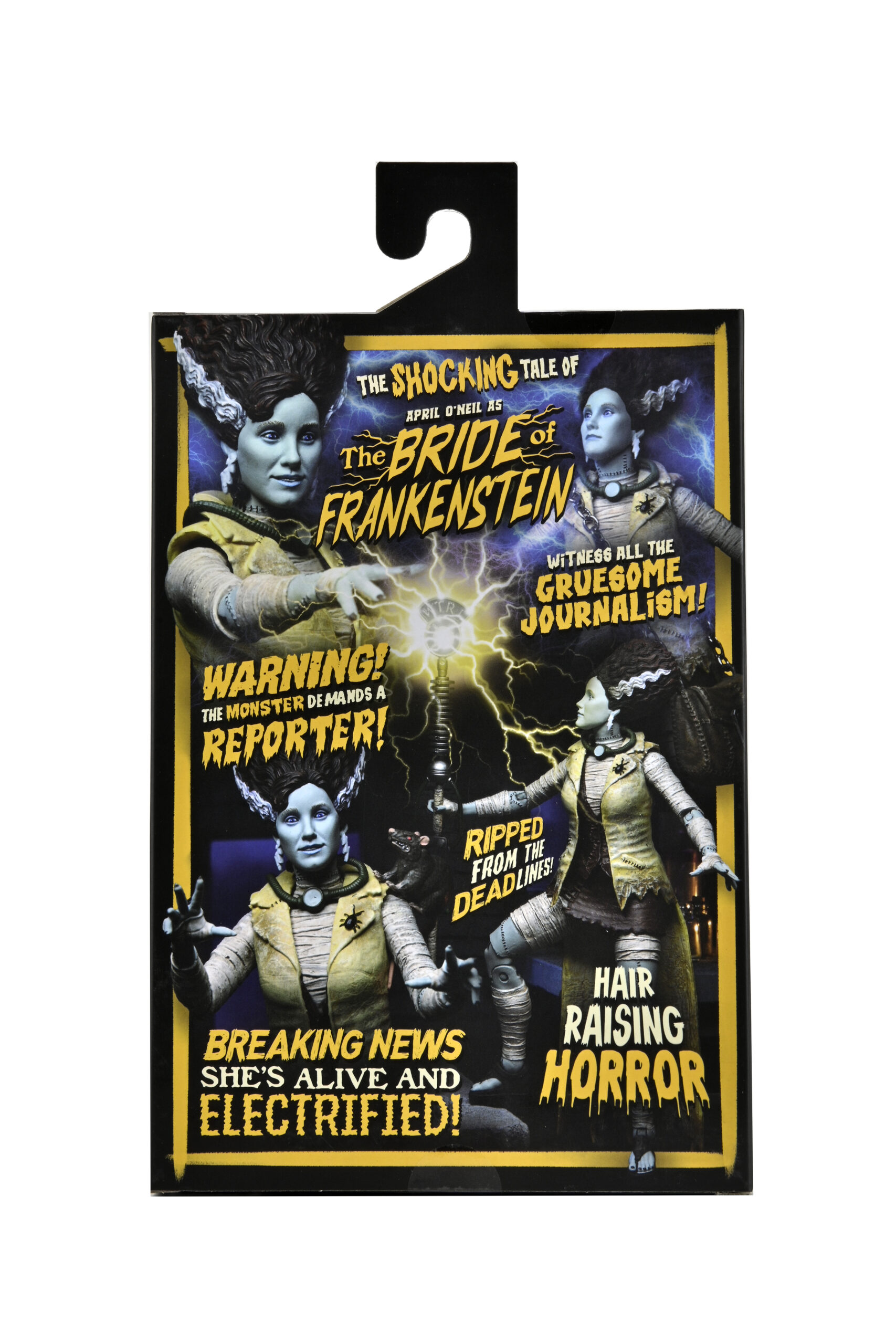 Frankenstein'ın Gelini'nin kutu sanatı. Gelin'in çoklu görüntülerine sahip, metinli: Uyarı! Canavar bir muhabir talep ediyor!