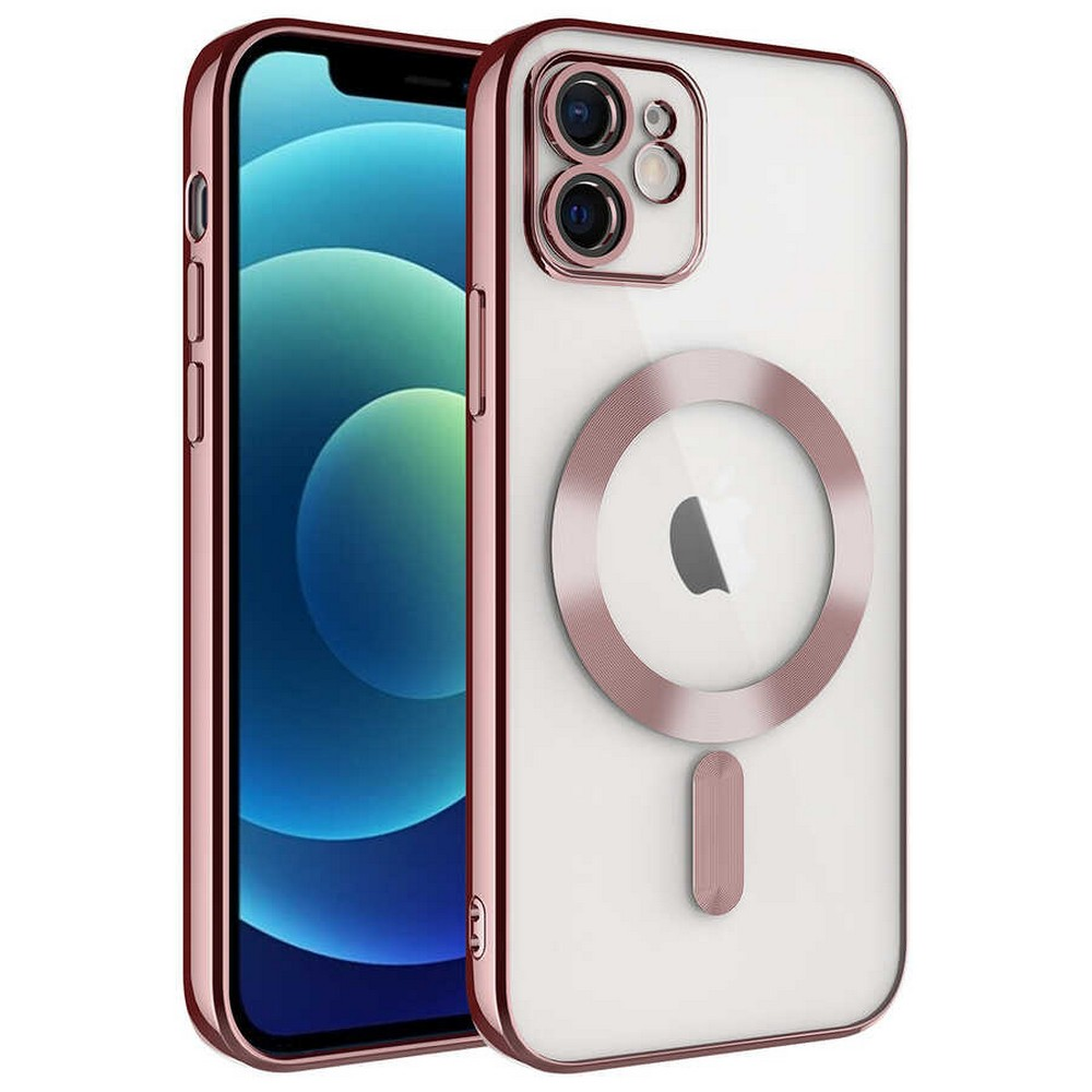 Gül altın rengi detaylara sahip şeffaf bir kılıf içinde bir iPhone. Kılıfın arkasında bir halka ve bir çubuk var.