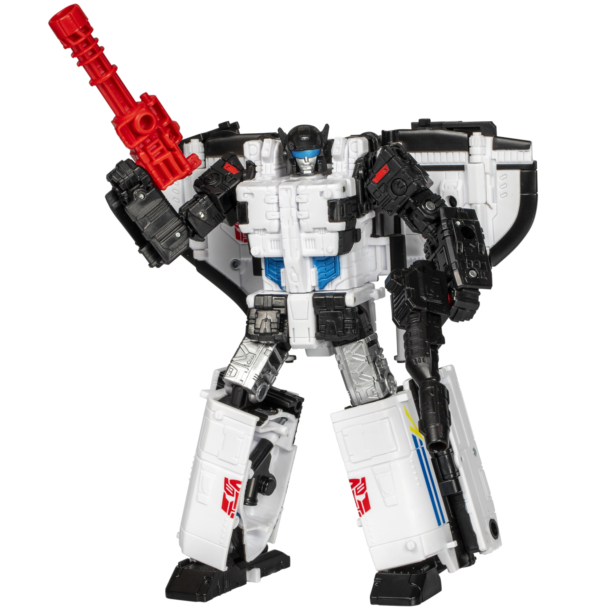 Kırmızı bir silah tutan beyaz ve siyah bir Transformer robot oyuncağı. Kanatları ve göğsünde ve kafasında mavi vurguları var.