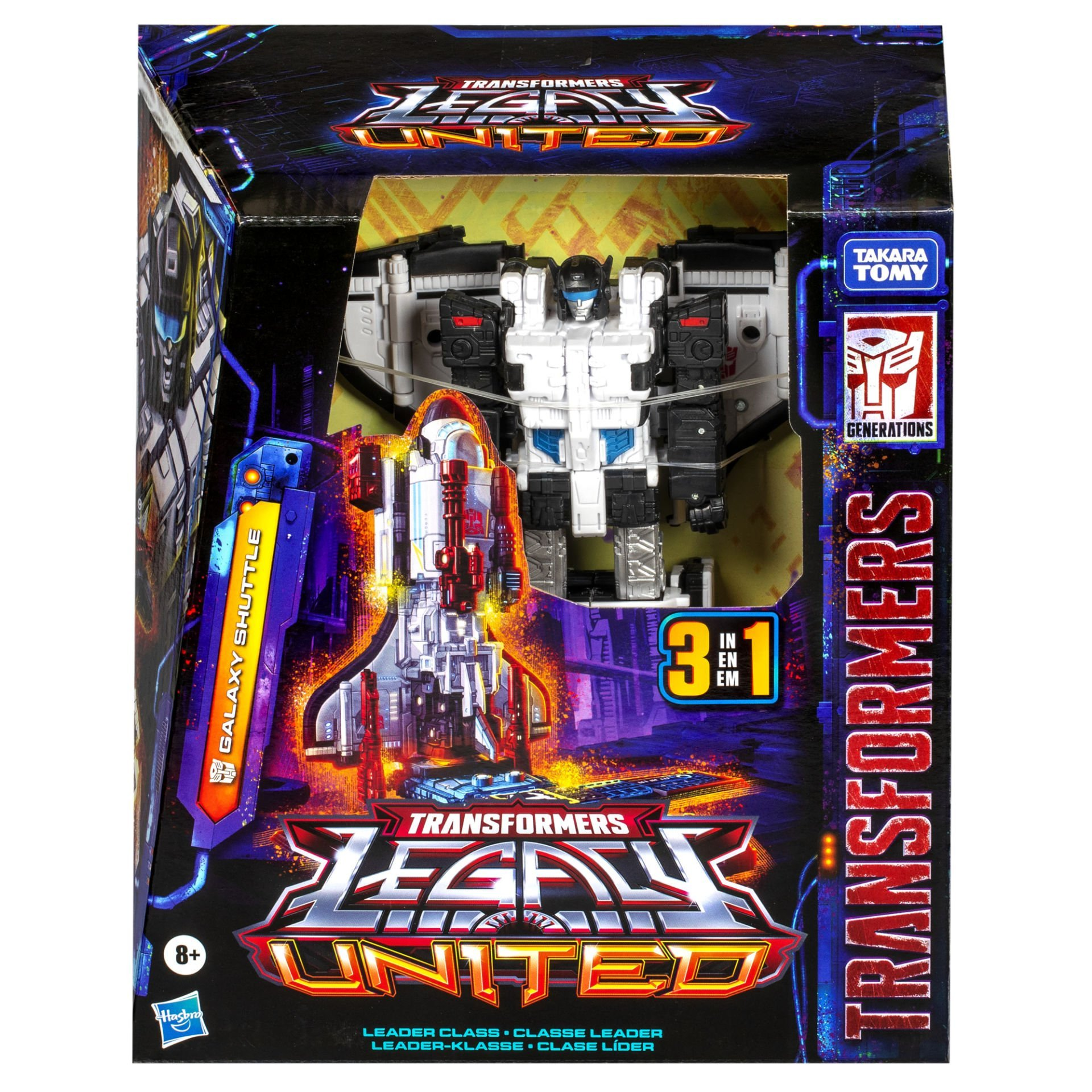 Kutulu Transformers Legacy United oyuncağı. Beyaz ve siyah bir robot ve kırmızı, beyaz ve mavi bir Galaxy Shuttle içerir.