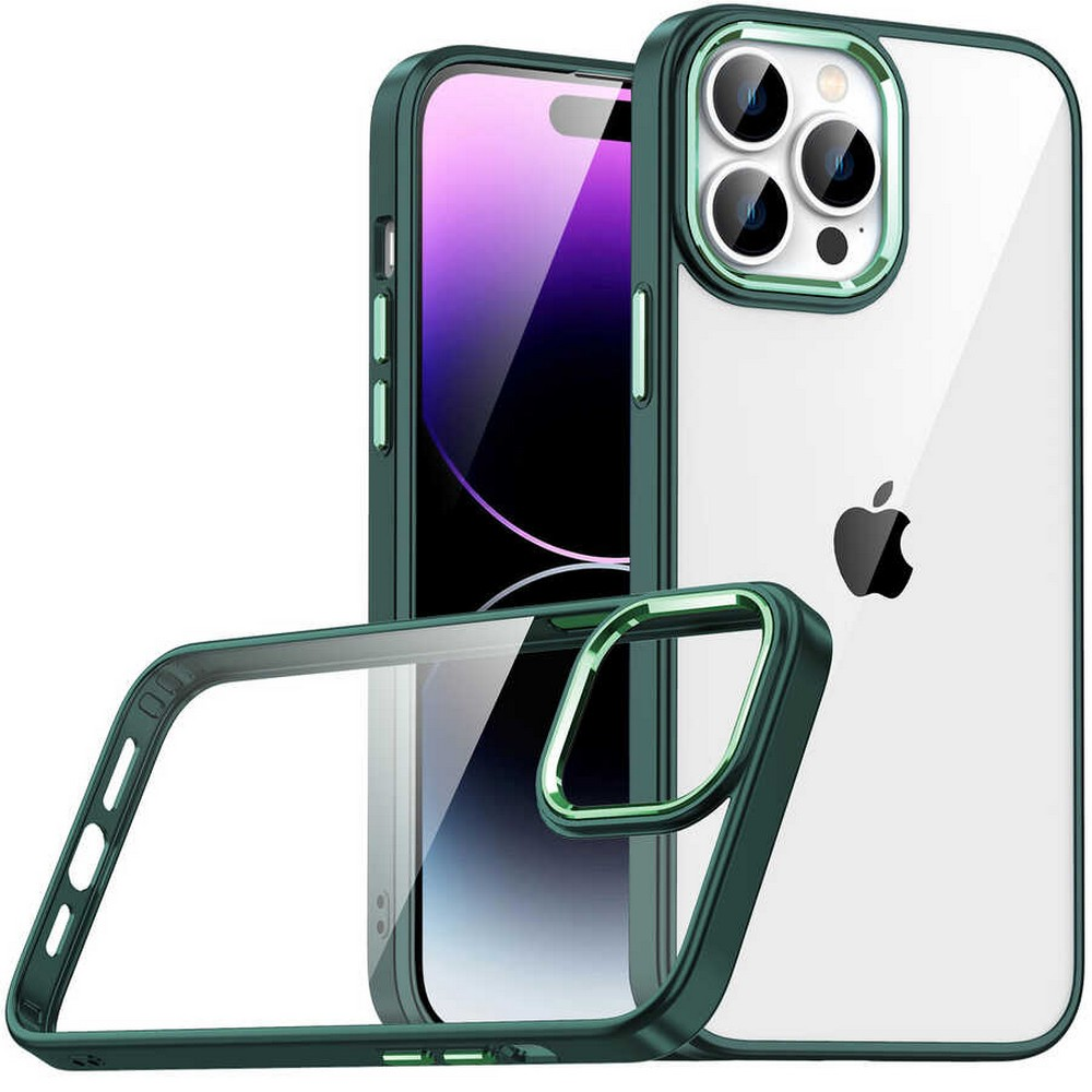 Yeşil kenarlı şeffaf bir telefon kılıfı gösteriliyor. Kılıfın içinde bir iPhone var. Apple logosu görülebilir.