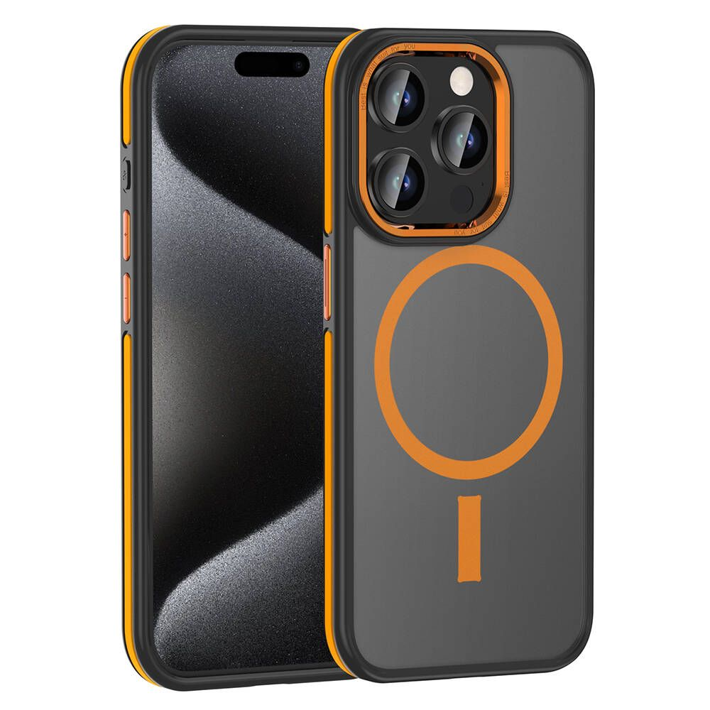 Koruyucu kılıflı bir iPhone. Kılıf şeffaf, turuncu detaylı ve arkasında dairesel bir tasarım var.