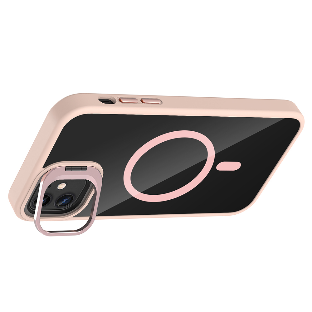 Halkalı tutucuya sahip bir telefon kılıfı. Kılıf pembe ve siyah, pembe daire ve çizgi tasarımına sahip. Kamera görünür durumda.