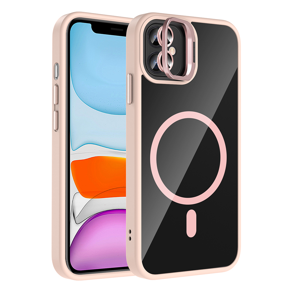 Pembe detaylı şeffaf telefon kılıfı. Pembe bir halka ve arkasında çizgi bulunan bir daire içerir.