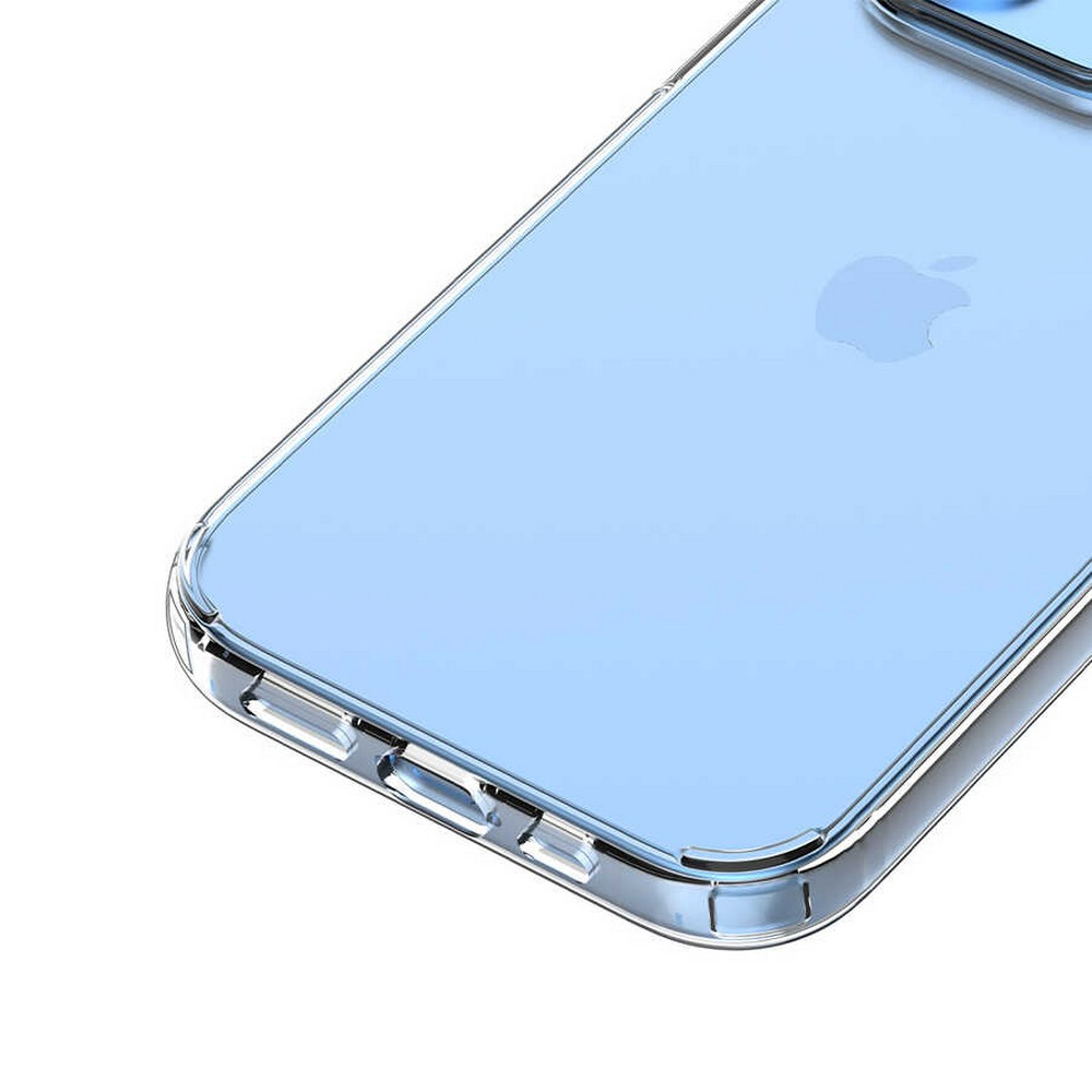 Şeffaf kılıflı, açık mavi bir iPhone'un yakın çekimi. Apple logosu görülebilir. Arka plan beyazdır.