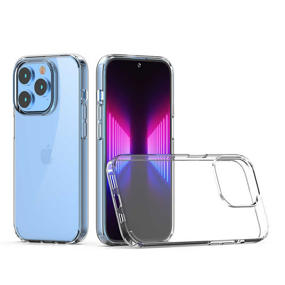 Şeffaf kılıflı üç iPhone. İki telefon ayakta, biri yatay. Arka plan beyaz.