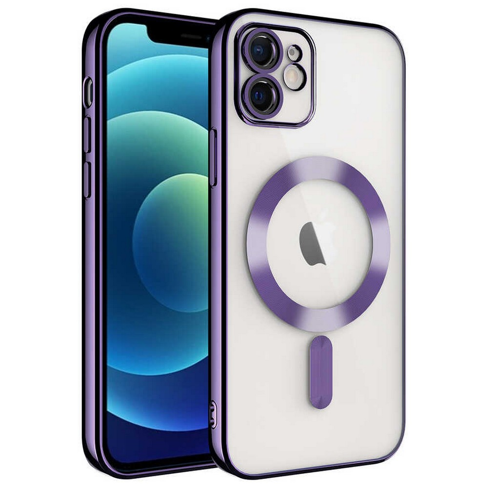 Mor bir kılıfa sahip bir iPhone. Kılıfın halkası ve şeridi var, arkası şeffaf.