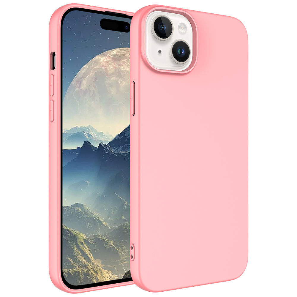 Pembe bir telefon kılıfı, bir telefonun yanında. Telefon, büyük bir ay ile dağlık bir manzara gösteriyor. Kılıfın kamera kesimi var.