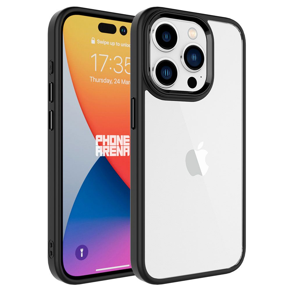 Şeffaf kılıflı bir iPhone. Ekran zamanı ve tarihi gösteriyor. Telefon siyah ve beyaz, siyah kılıflı.