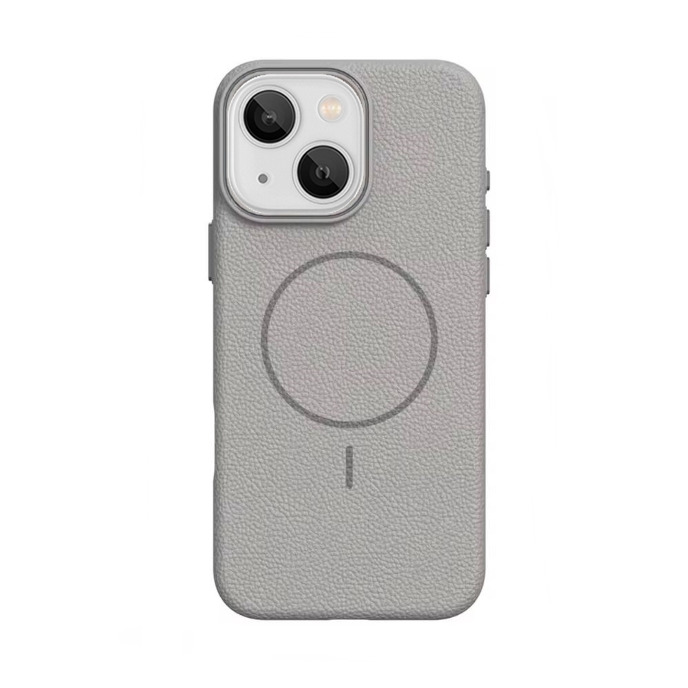 GPACK iPhone 15 Uyumlu Lichee M-Safe Şarj Özellikli Deri Desen Telefon Kılıfı Gri