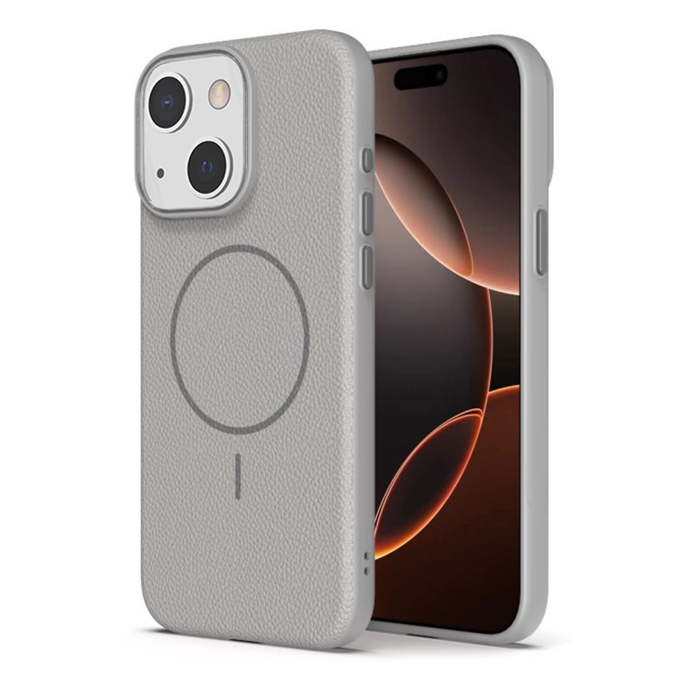 Gri bir kılıf içinde bir iPhone. Kılıfın üzerinde bir daire ve bir çizgi var. Ekran, turuncu ve kahverengi bir tasarım gösteriyor.