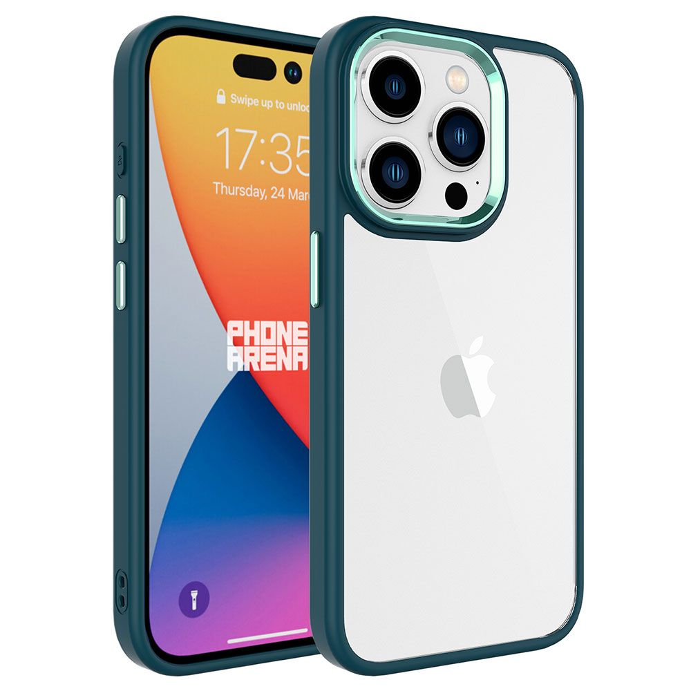 Bir kılıf içinde bir iPhone. Ekran saat ve Phone Arena logosunu gösteriyor. Kılıf, şeffaf bir arka kısma sahip, mavimsi yeşil renkte.