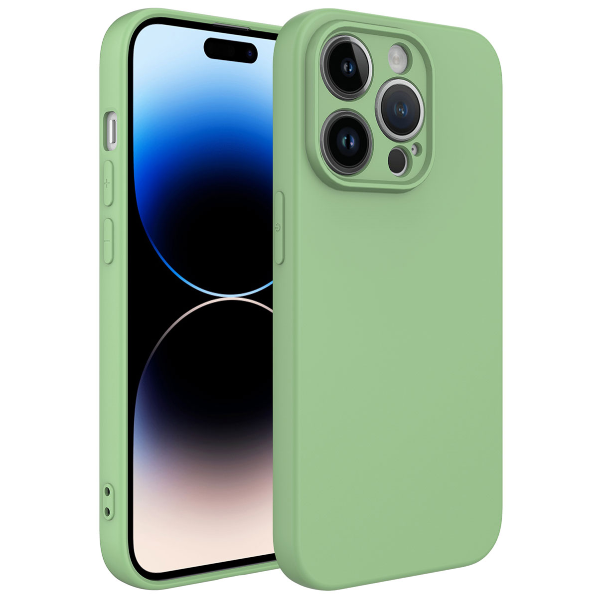Yeşil bir telefon, yanında eşleşen bir kılıfla duruyor. Telefonun siyah bir ekranı ve kılıfın bir kamera çıkıntısı var.