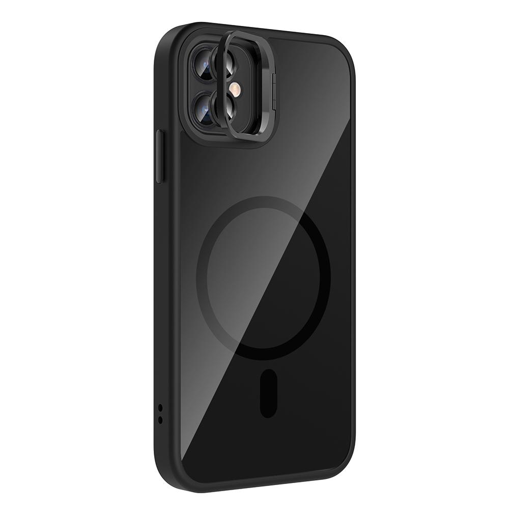 Şeffaf arka, kamera lens koruyucu ve dairesel MagSafe tasarımına sahip siyah telefon kılıfı. Arka plan beyaz.