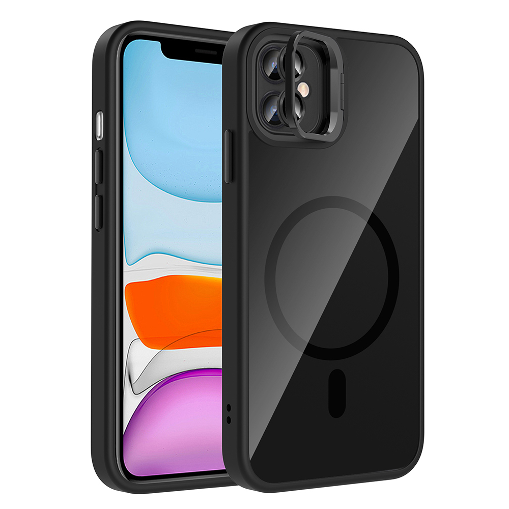 Şeffaf arka yüzü olan siyah telefon kılıfı. Kılıfın kamera koruyucusu var. İçinde turuncu ve mavi ekranlı bir iPhone var.