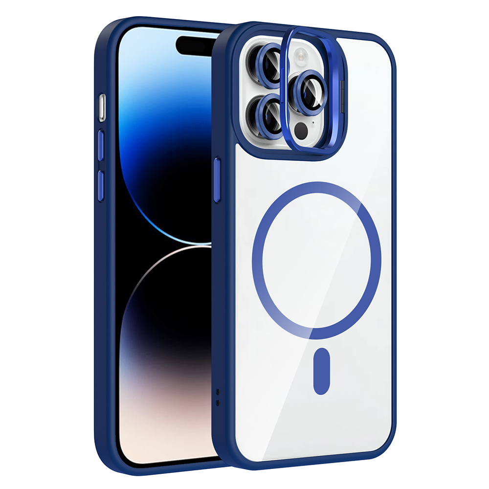 Mavi ve şeffaf bir telefon kılıfı, mavi çerçeveli. Kılıf, mavi ekranlı bir telefonun üzerinde. Kılıfın üzerinde bir daire ve eksi işareti var.