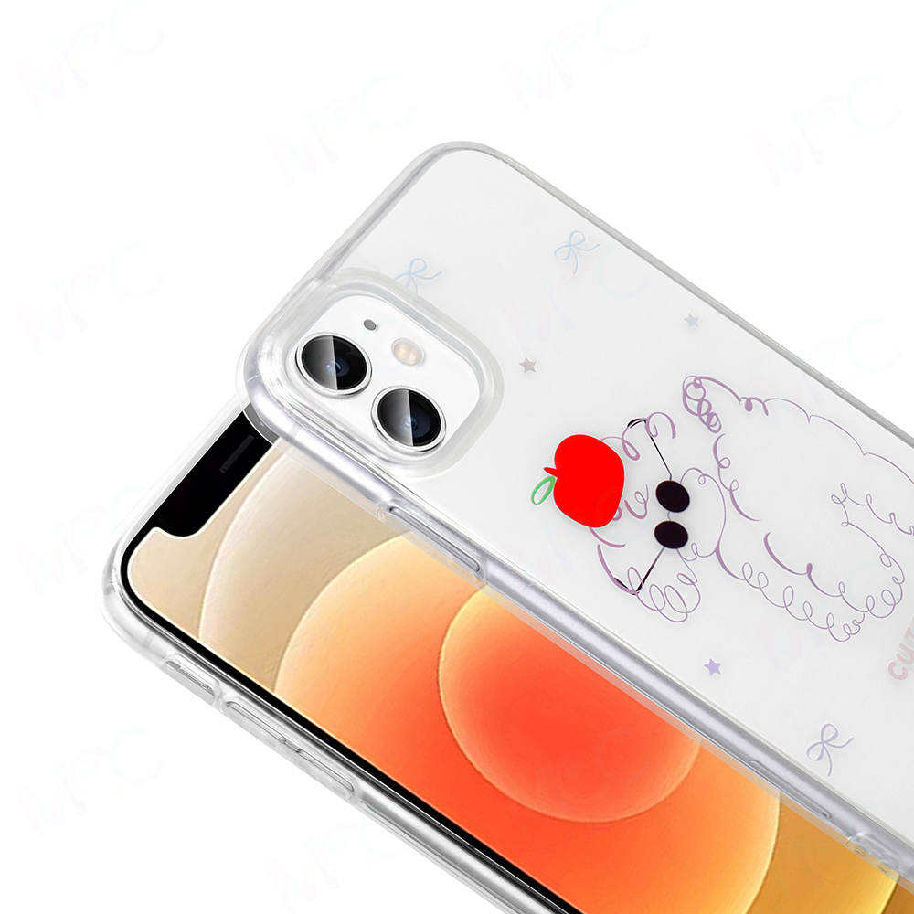 Elma yiyen koyun tasarımlı şeffaf telefon kılıfı. Telefon turuncu bir ekran gösteriyor.