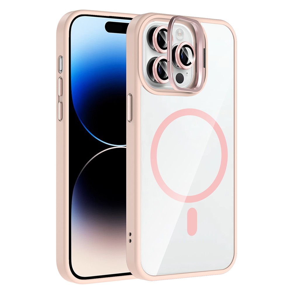 Şeffaf arka yüzü olan pembe bir telefon kılıfı. Bir iPhone kısmen görülebilir. Kılıfın manyetik bir şarj halkası var.