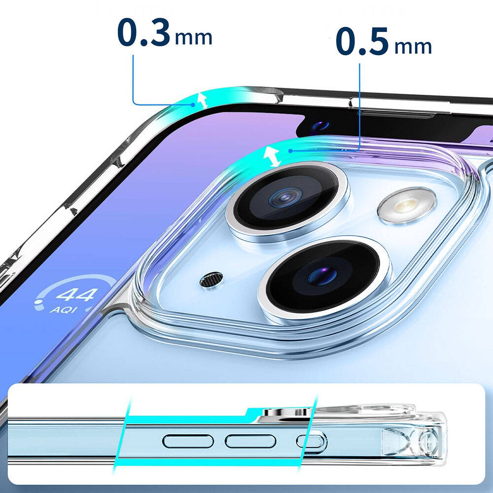 Kameraları ve düğmeleri olan şeffaf bir telefon kılıfı. Kılıf 0,3 mm ve 0,5 mm ölçüleri gösteriyor. Mavi renk geçişli bir arka plan görünür.