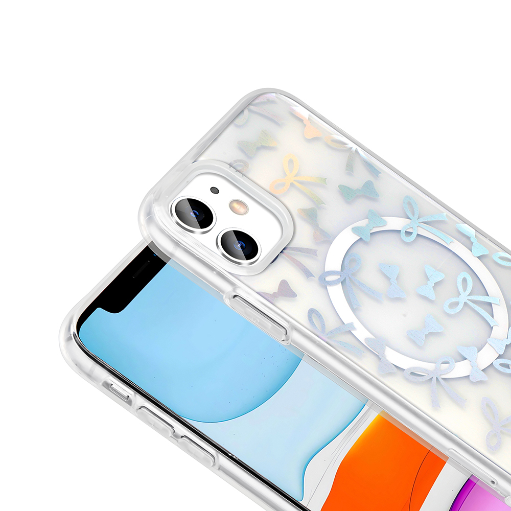 İki iPhone gösteriliyor. Biri yay şeklinde tasarımlarla süslenmiş şeffaf bir kılıfla. Diğer telefonun ekranı renkli geçişlerle görünür durumda.