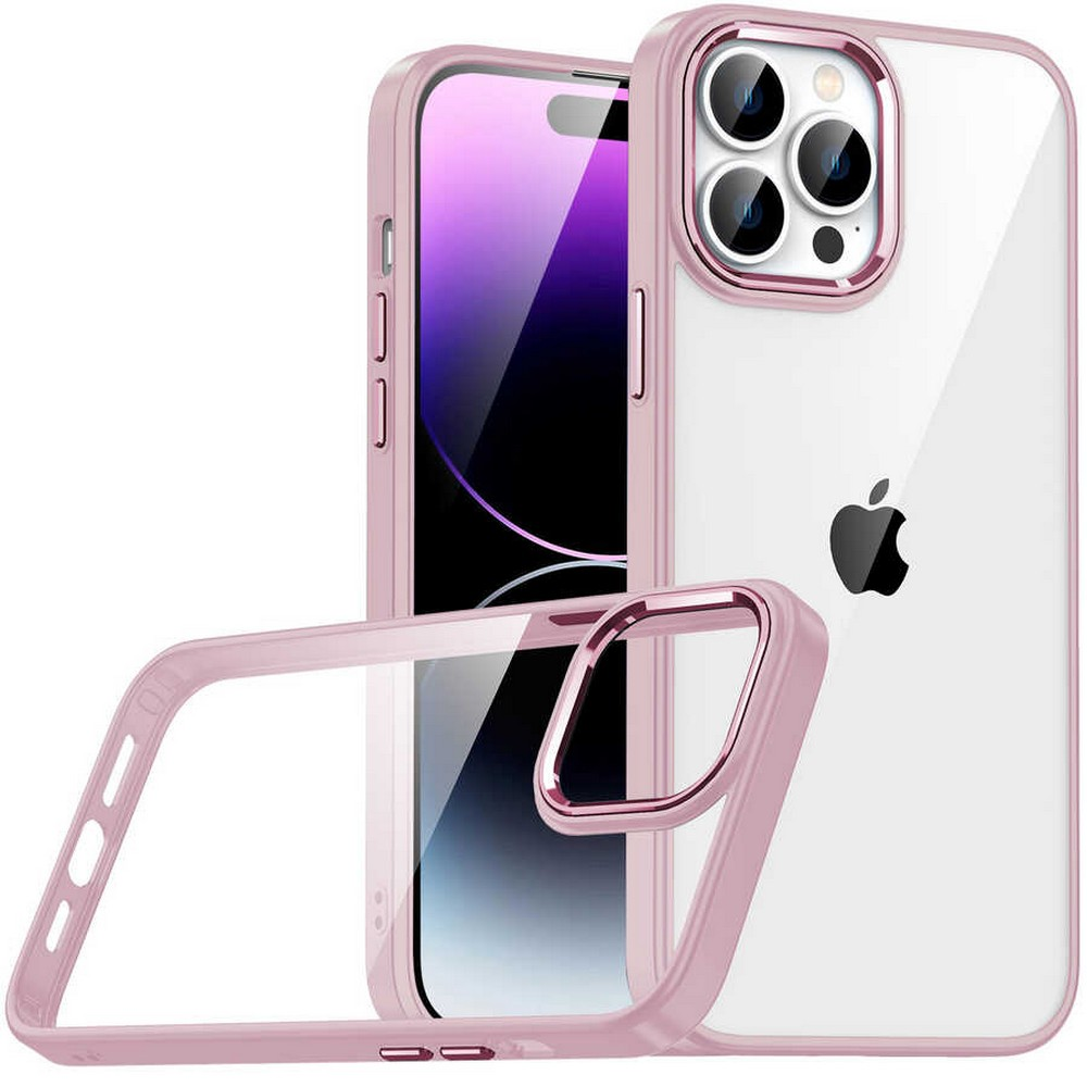 Şeffaf arkası olan pembe bir telefon kılıfı, mor ekranlı bir telefonun yanında duruyor. Kılıf kısmen sökülmüş durumda.