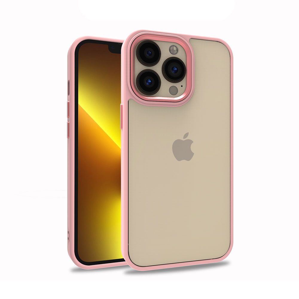 Pembe kılıf içinde bir iPhone. Telefonun pembe bir çerçevesi ve şeffaf bir arka kısmı var. Ekran sarı bir geçiş gösteriyor.