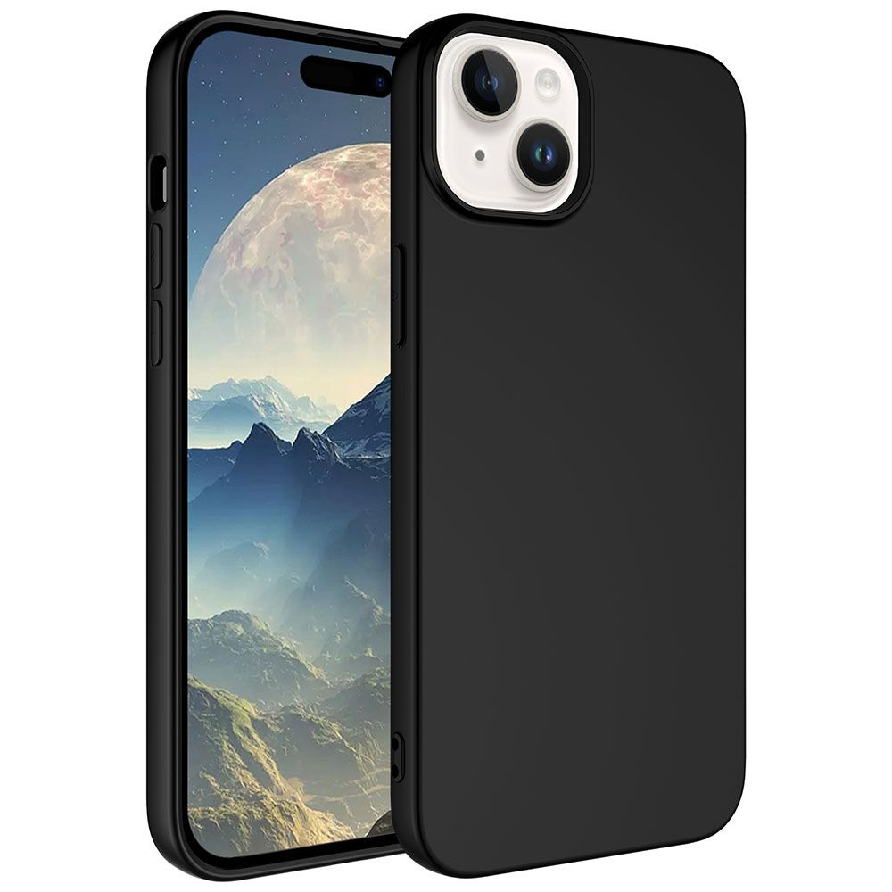 İçinde bir telefon bulunan siyah telefon kılıfı, ay ve dağları gösteriyor. Kılıf siyahtır, telefon ortadadır.