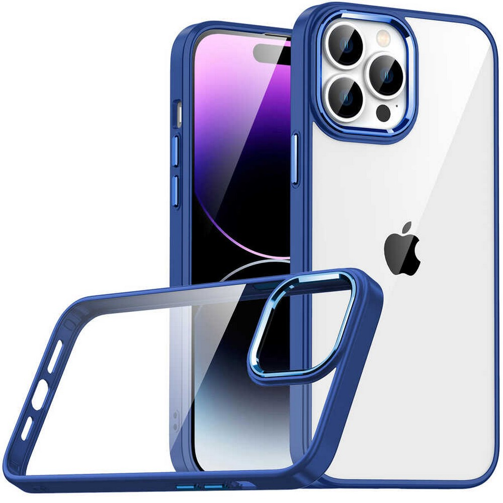 Mavi çerçeveli şeffaf bir telefon kılıfı. İçinde ekranı gösteren bir iPhone var. Apple logosu görünür.