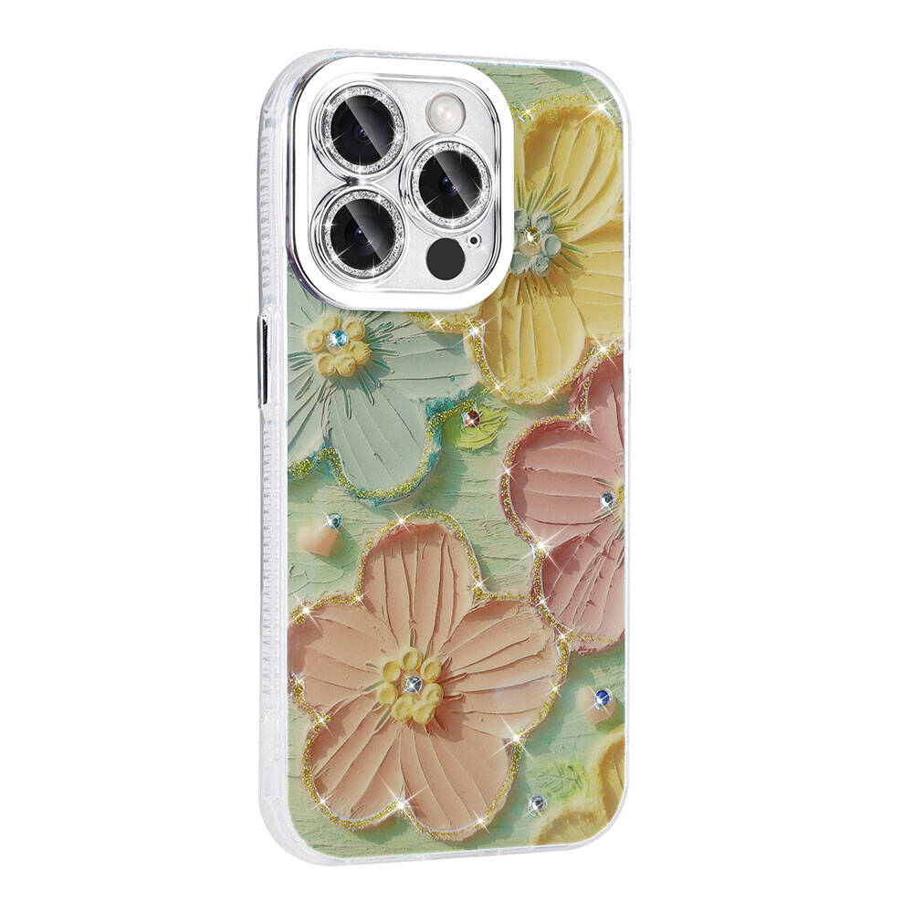 Çeşitli renklerde 3D çiçeklere sahip, çiçek desenli bir telefon kılıfı. Rhinestones ve ışıltı detayları mevcut.