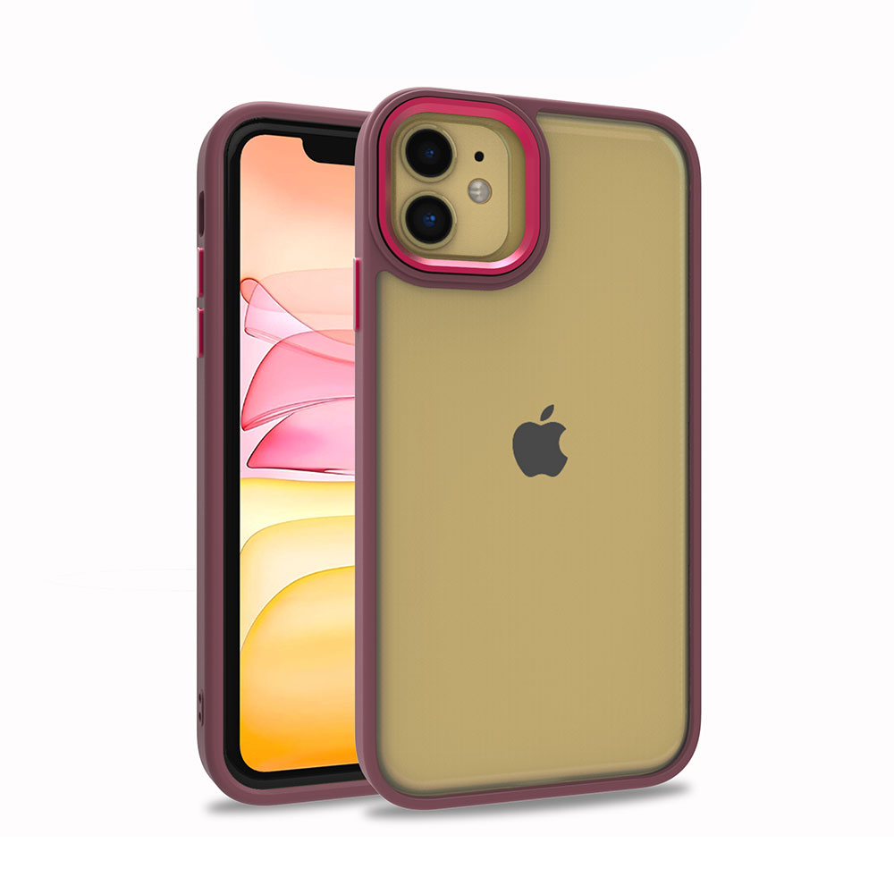 Kılıflı iki akıllı telefon gösteriliyor. Biri bordo, diğeri bordo çerçeveye ve şeffaf bir arka kısma sahip. Apple logosu görünür.