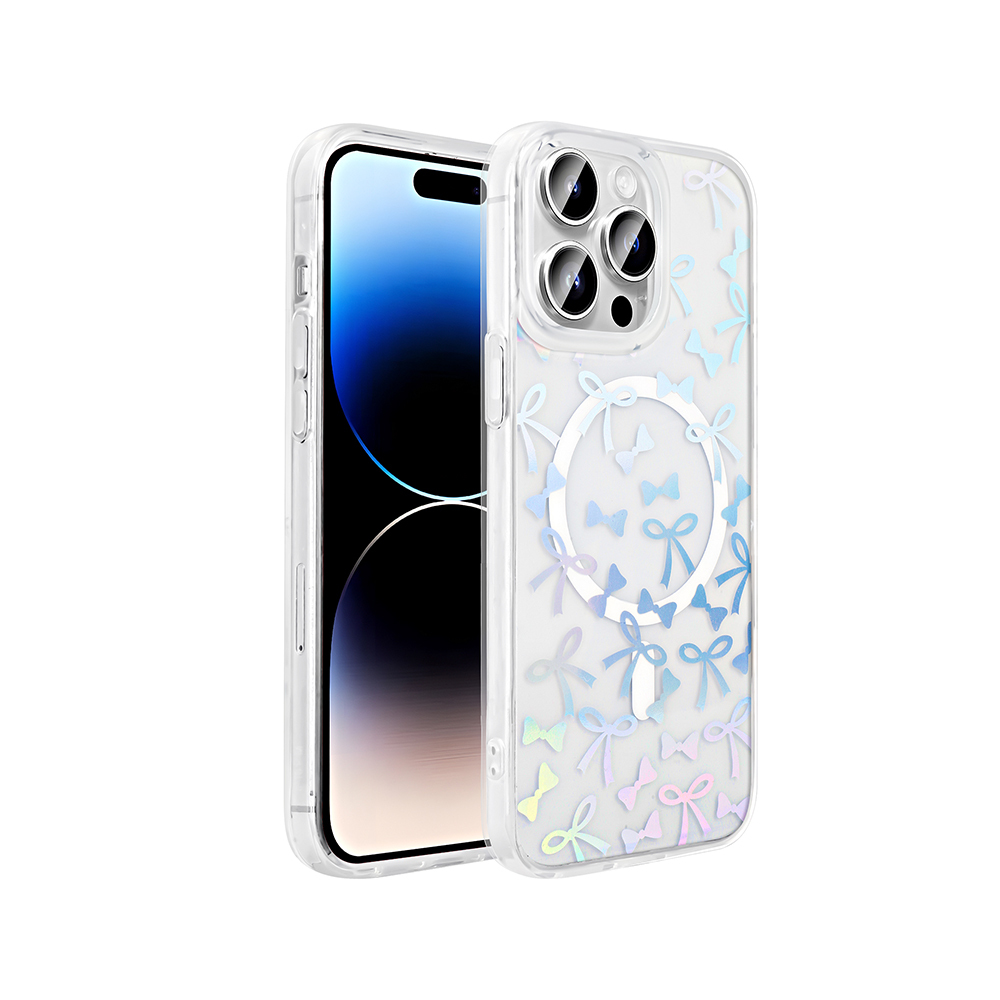 Yay desenli şeffaf bir iPhone kılıfı ve içinde bir telefon. Kılıfın kamera kesimi ve şeffaf bir çerçevesi var.
