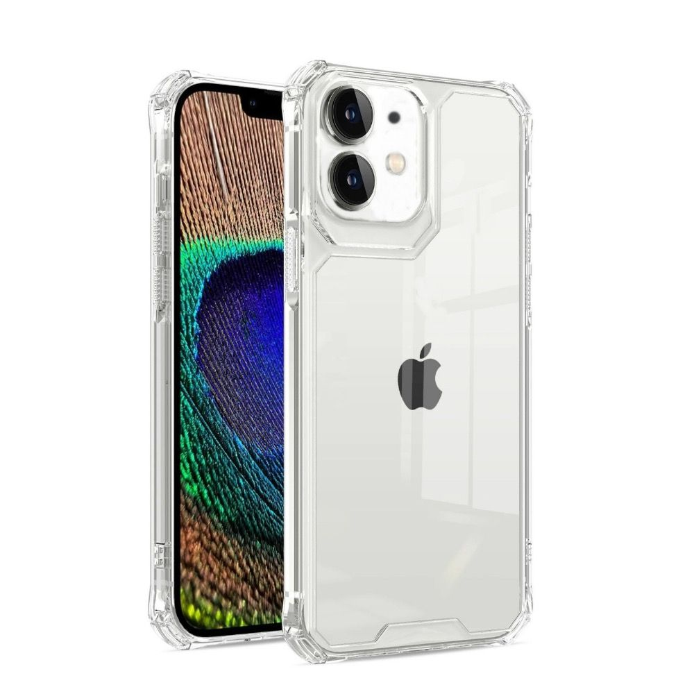 Şeffaf kılıflı iki iPhone. Biri bir tavuskuşu tüyü duvar kağıdı gösteriyor. Diğeri bir Apple logosu görüntüler.