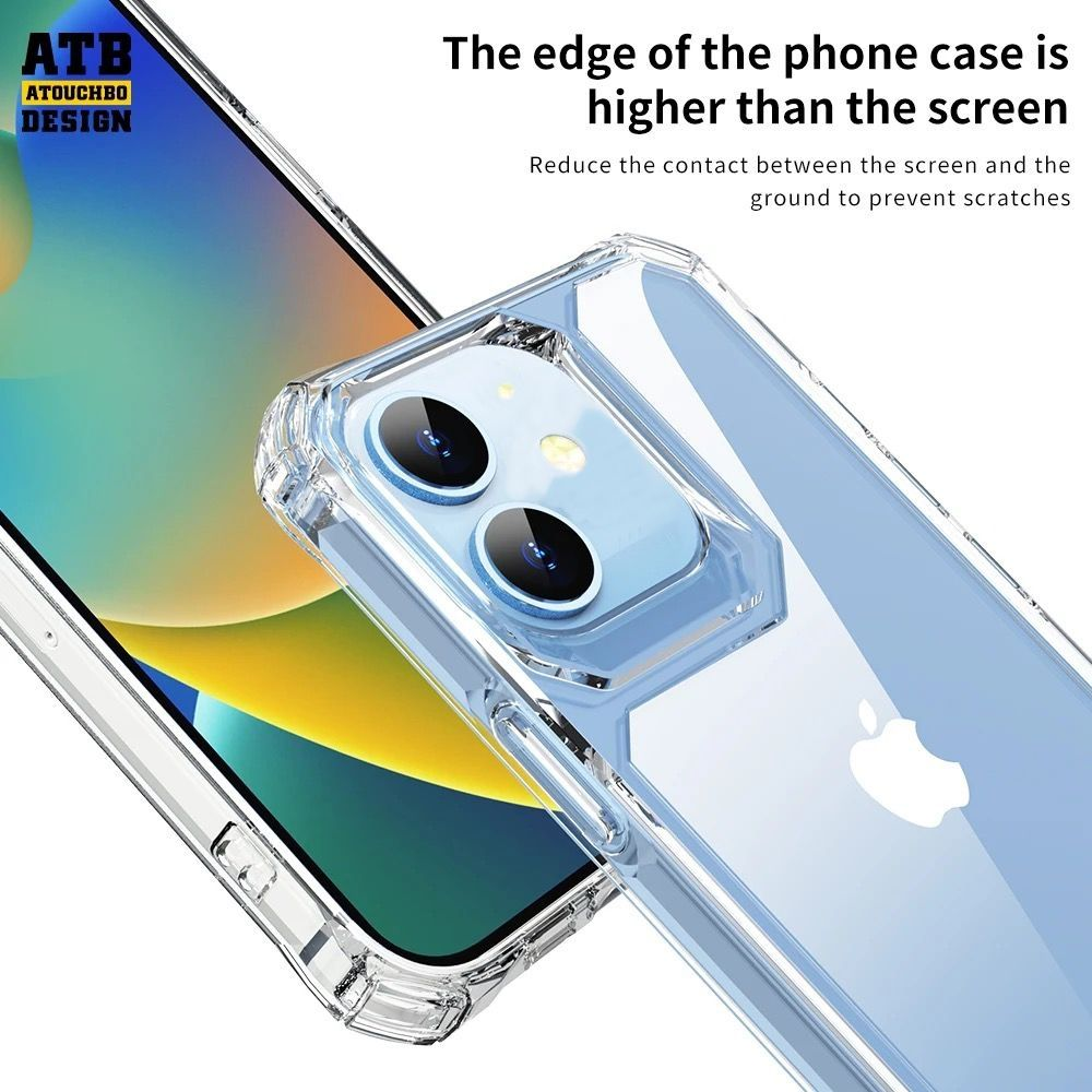 Şeffaf bir telefon kılıfı bir telefonun üzerinde duruyor. Kılıfın kenarı ekrandan daha yüksek. Arka planda metin ve bir tasarım var.