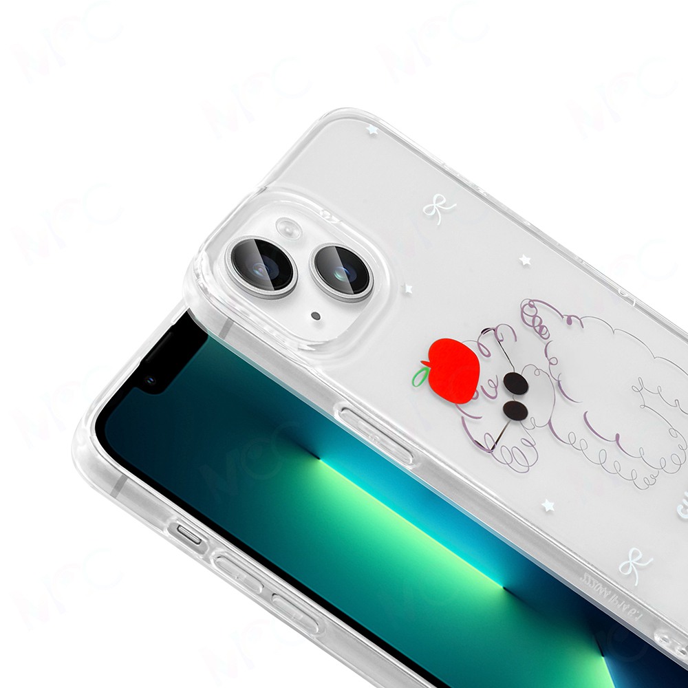Kırmızı bir elma tutan çizgi film koyunu bulunan şeffaf bir kılıfa sahip bir telefon. Telefon ekranı yeşil.