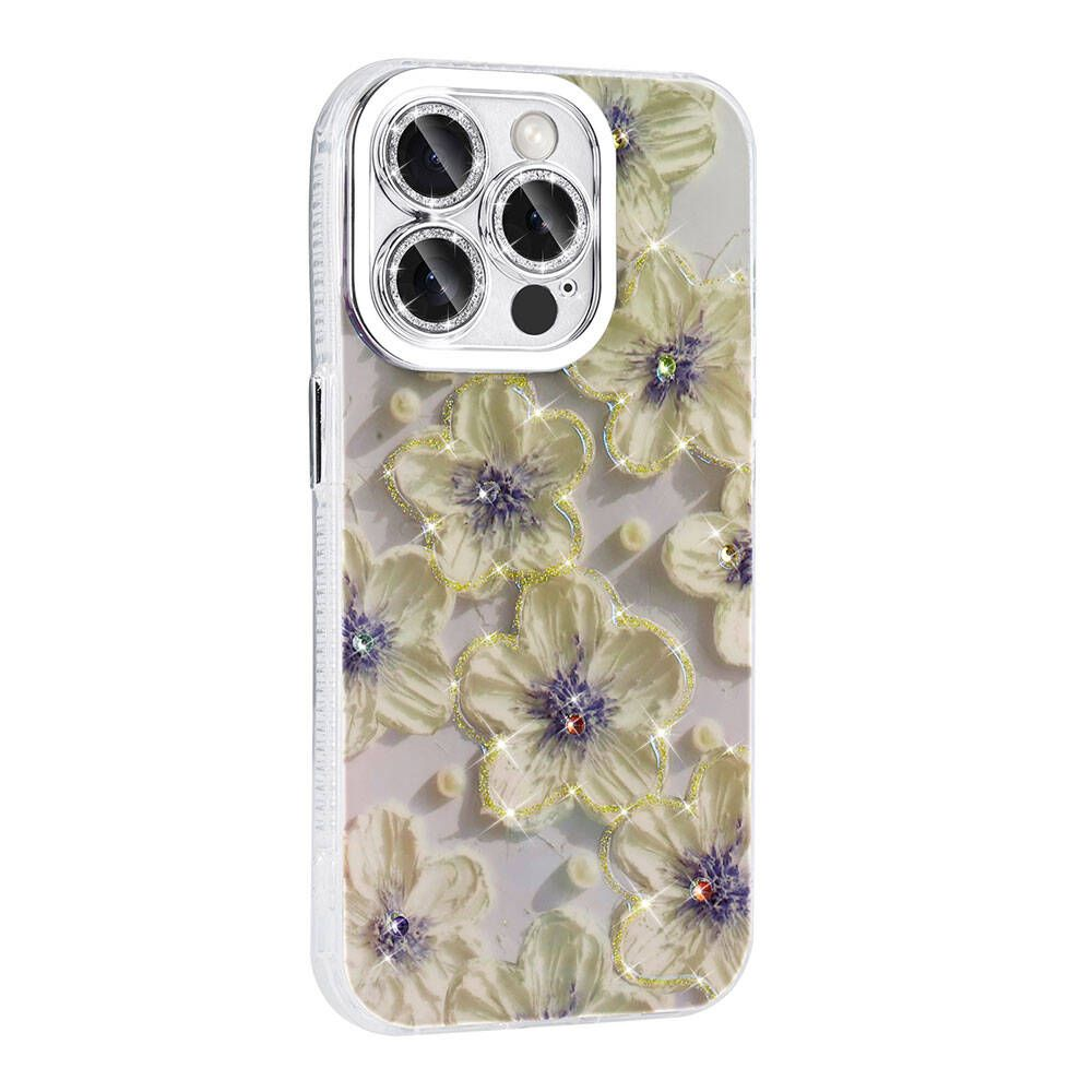 Çiçek desenli şeffaf bir telefon kılıfı. Altın ışıltılı kenarları ve mücevher merkezleri olan beyaz çiçekler.
