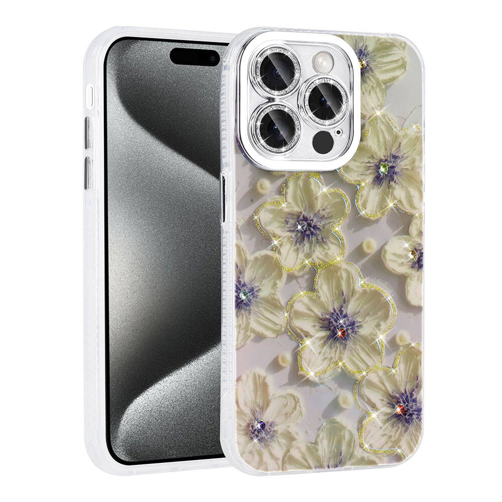 Beyaz çiçek desenli bir telefon kılıfı. Kılıfın şeffaf bir çerçevesi ve parlak metal bir kamera alanı var. Telefon ekranı görünür durumda.