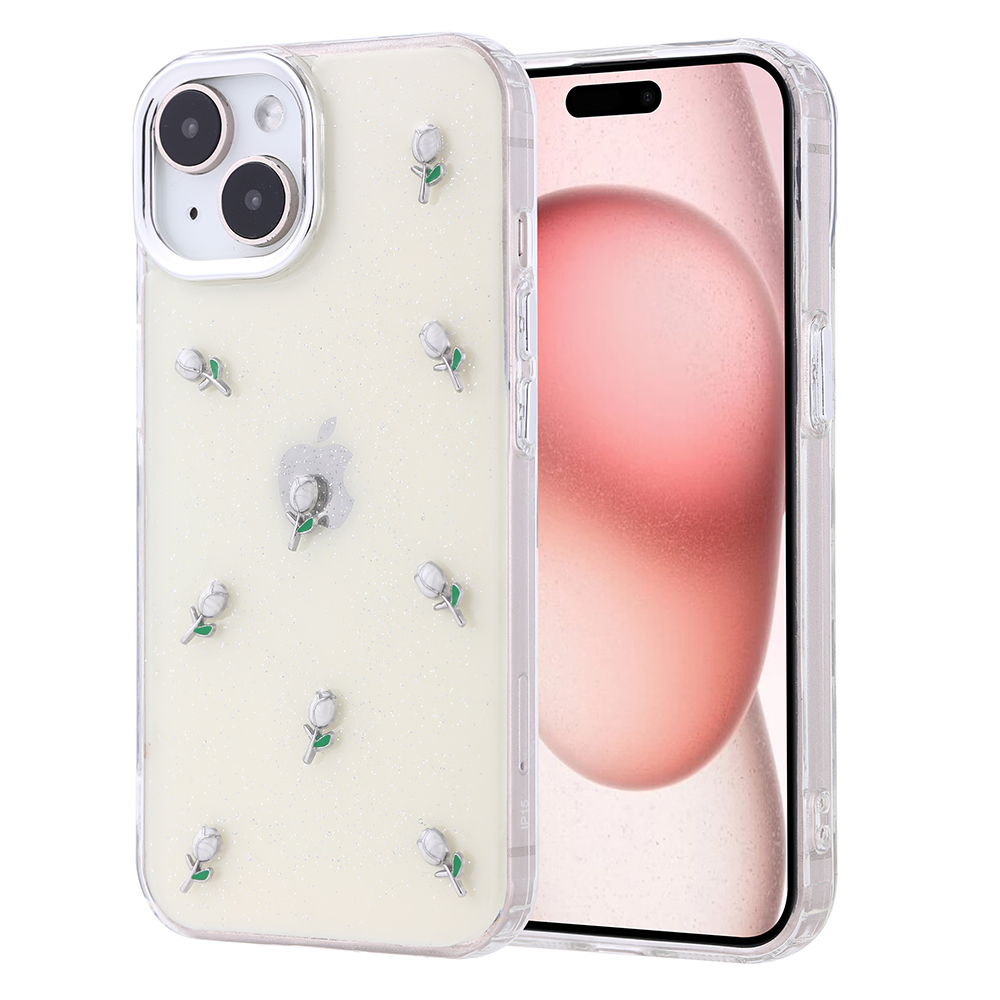 Dekoratif bir kılıfla bir iPhone. Kılıf, gümüş çiçeklerle süslenmiş, açık sarı ve şeffaftır. Telefonun ekranı görünür.