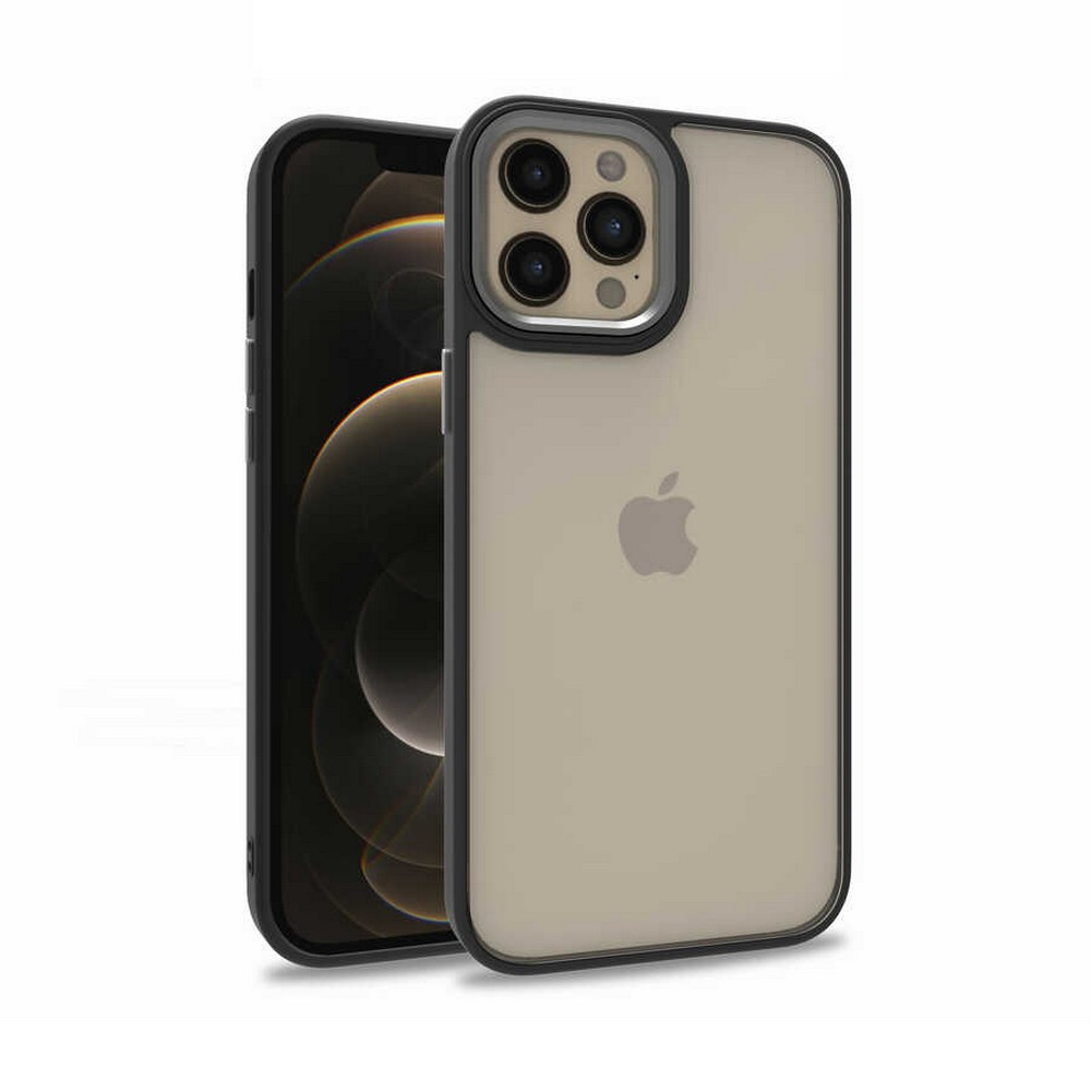 İki iPhone, biri koruyucu kılıfla. Kılıf, siyah çerçeveli, açık kahverengidir. Apple logosu telefonun arkasında görülebilir.