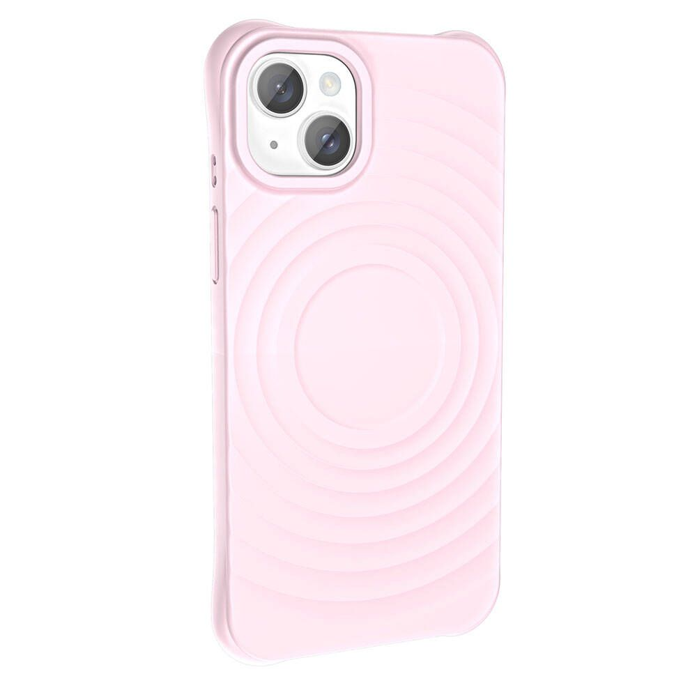 Konsantrik daire desenli, açık pembe bir telefon kılıfı. Kılıfın, iki lensli ve flaşlı bir kamera oyuğu var.