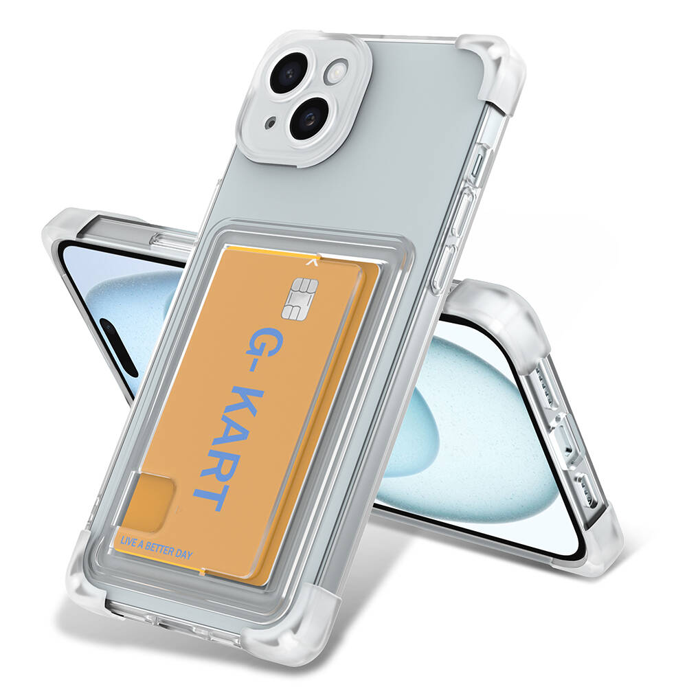 İçinde kart bulunan şeffaf telefon kılıfı. Kart turuncu renkte ve mavi renkte G-KART yazıyor. Telefon gri.