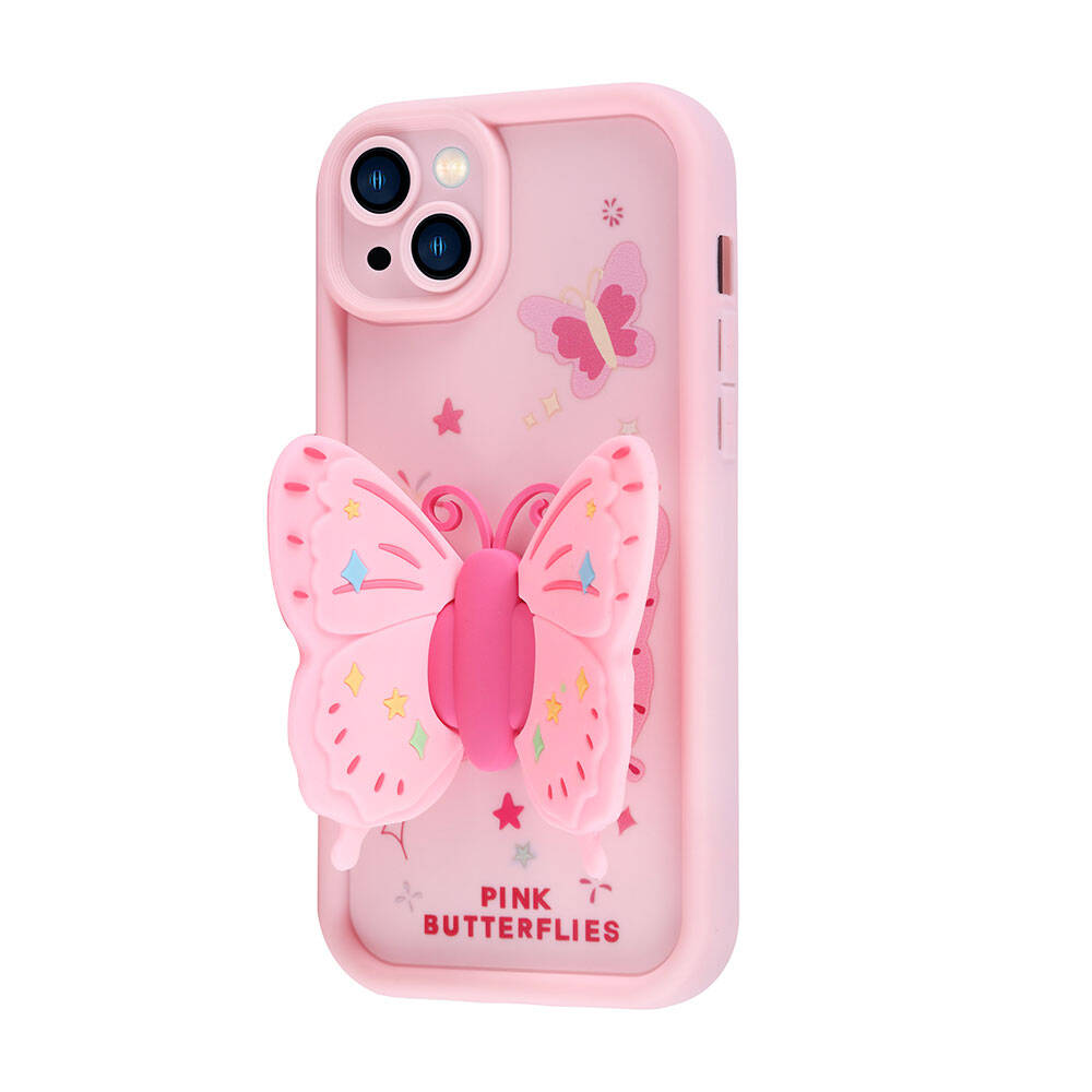 Kelebek dekorasyonlu pembe telefon kılıfı. Kelebek kabartmalı, yıldızlar ve şekiller var. Kılıfta kameralar ve pembe kelebekler yazısı var.