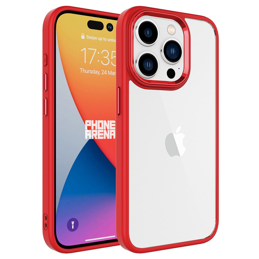 Kırmızı kılıflı iki akıllı telefon, saat ve Phone Arena logosu ile kilit ekranını gösteriyor.