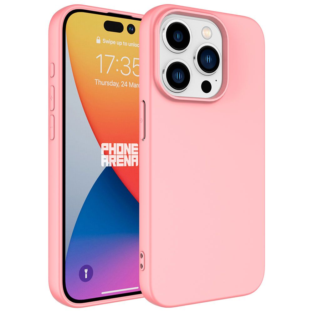 İçinde telefon bulunan pembe telefon kılıfı. Telefonun ekranında saat ve bir logo gösteriliyor. Kılıf beyaz bir arka plan üzerinde.