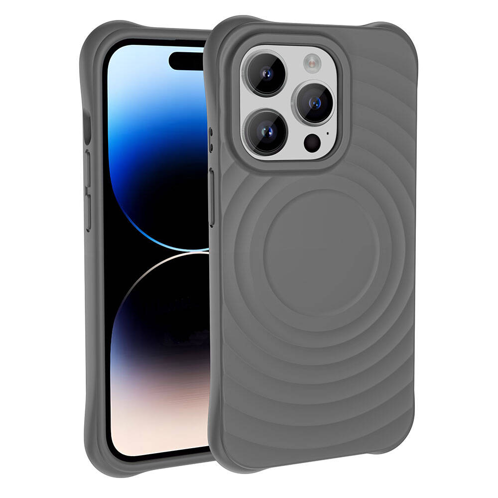 İçinde bir telefon bulunan gri bir telefon kılıfı. Telefonun mavi gradyanlı siyah bir ekranı var. Kılıf dalgalı bir tasarıma sahip.