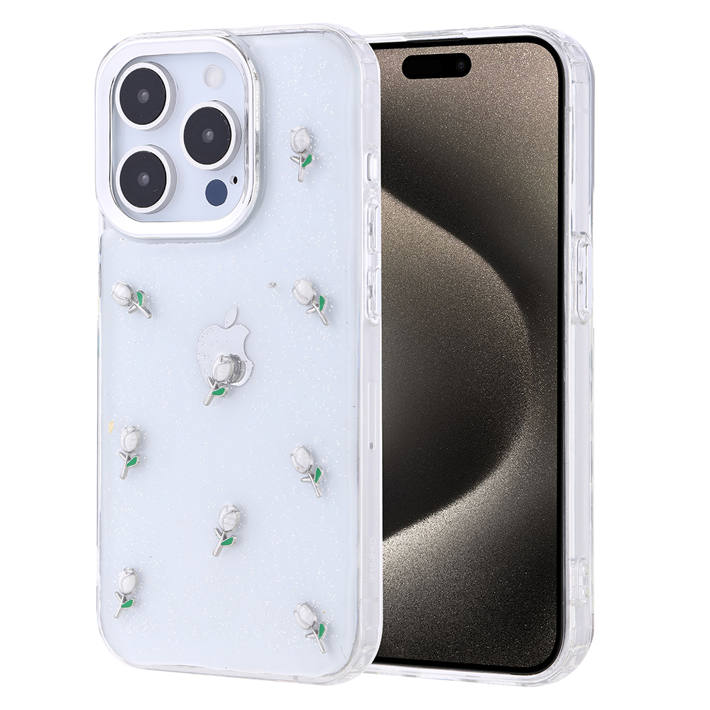 Beyaz çiçek detaylı şeffaf bir kılıf içinde bir iPhone. Telefon beyaz bir yüzey üzerinde.