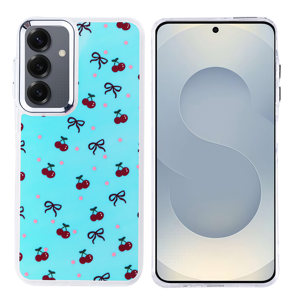 Kiraz ve kurdele desenli mavi kılıflı bir telefon, yanında boş ekranlı bir telefon.