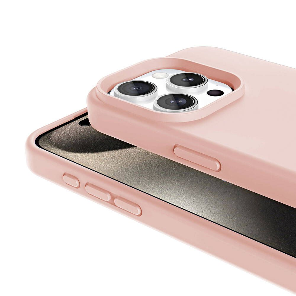 Pembe bir telefon kılıfının yakın çekimi. Kamera alanını, düğmeleri ve ekranın bir bölümünü gösterir. Kılıf hafifçe açıktır.